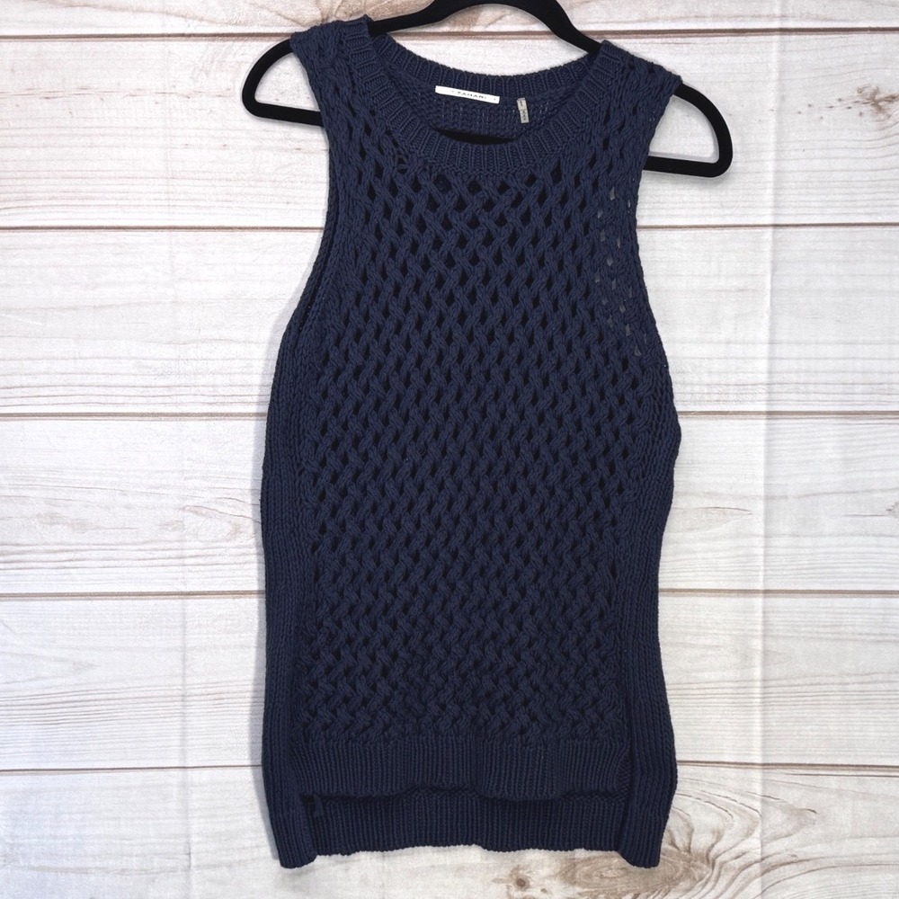 T Tahari Navy Blue‎ Cotton Open Knit Sleeveless Sweater Tank Top Medium F26Z4505